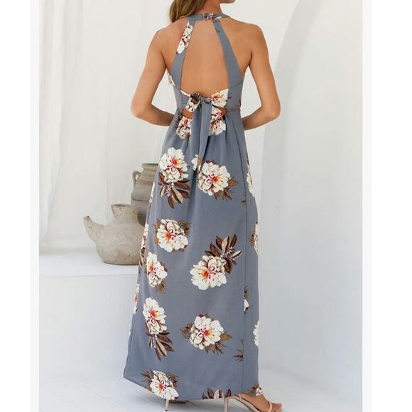 Zesica Maxi Dress Sz M Halter Neck Floral Backless Split Beach Party Grey Boho - Picture 3 of 10